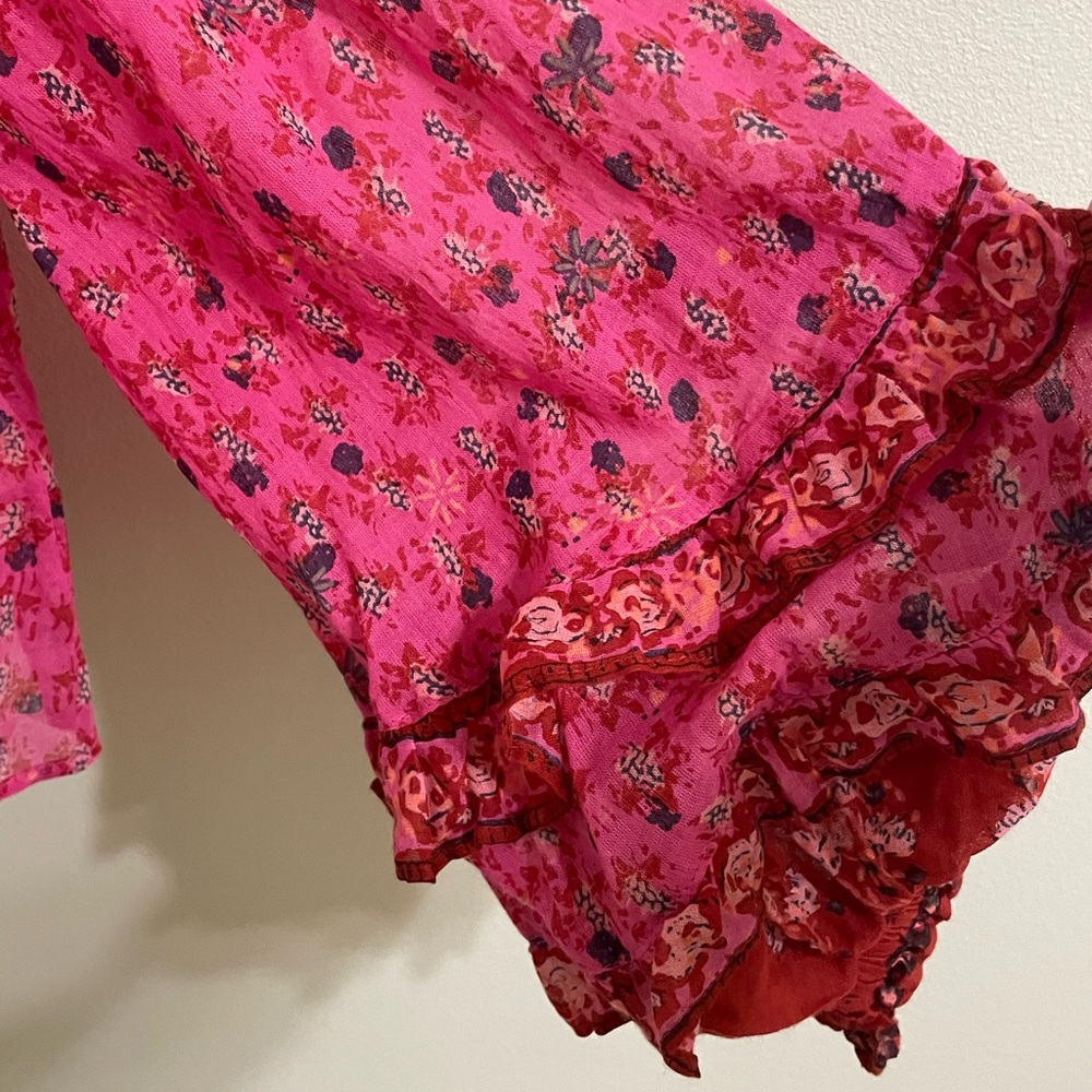 FREE PEOPLE Jenna Floral Ruffle Blouse Raspberry Red Flowy Feminine Size Small - Picture 7 of 15